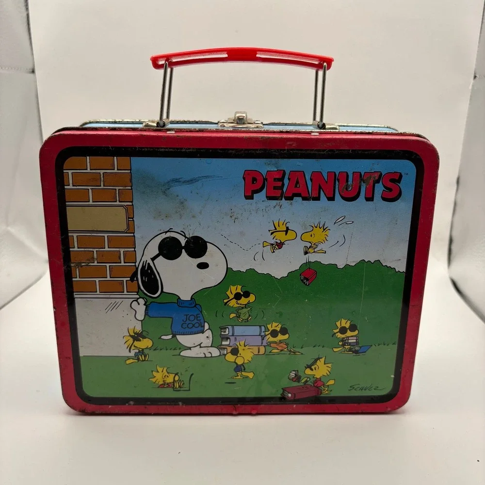 Vintage Small Peanuts Snoopy Joe Cool Metal Lunch Box  Woodstock Schulz Tin